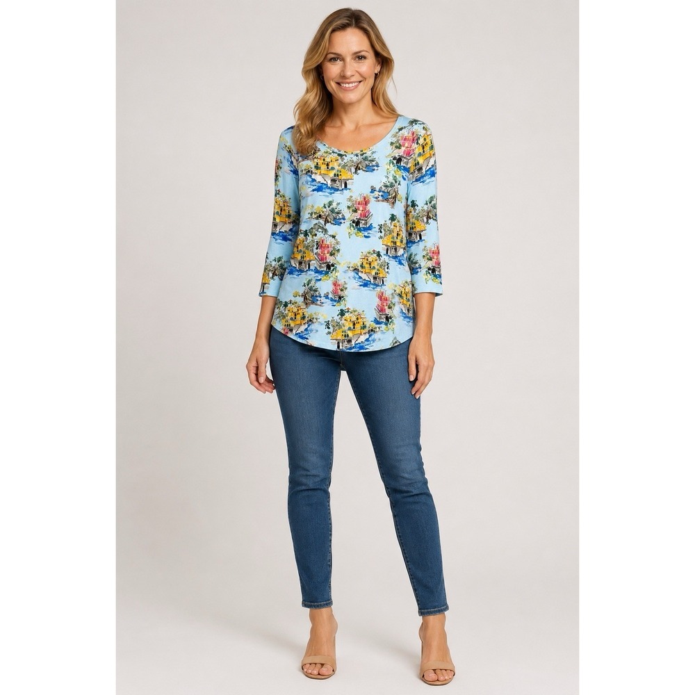 Karen Kane Petite L Blue Scenic Vacation Print 3/4 Sleeve Scoop Neck Tee Top